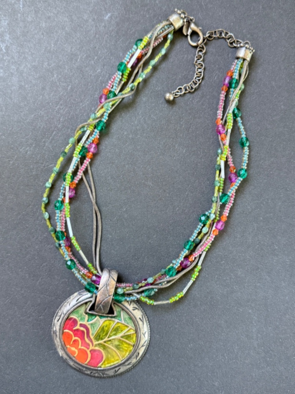 CHICO's Multi-Strand Circular Pendant Beaded Floral  Necklace Boho-Chic